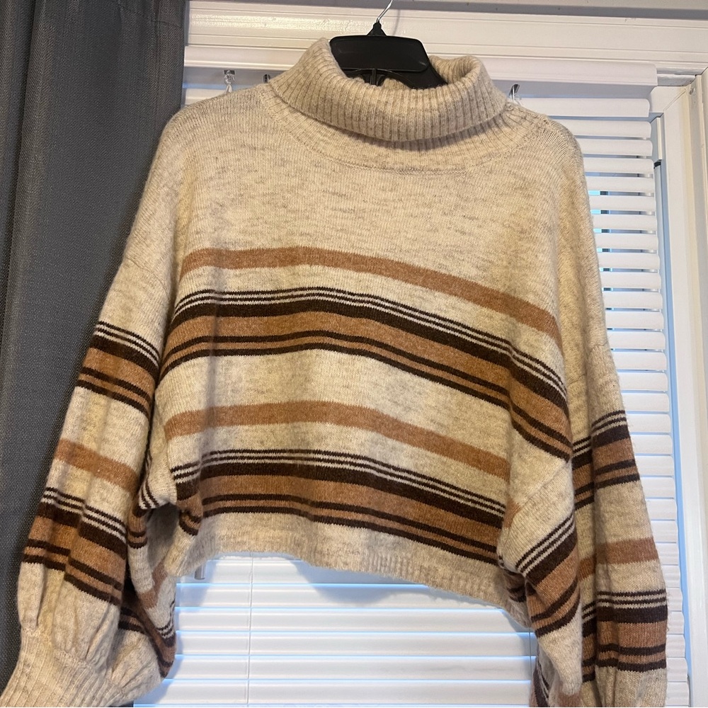 Francesca's Collections Cream and Brown Striped Turtleneck Sweater